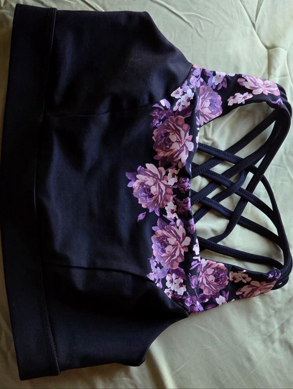 Torrid Black Sports Bra with Purple Floral Trim and Crisscross Straps